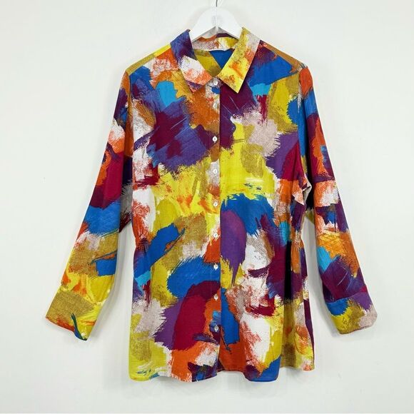 Soft Surroundings Painters Palette Colorful Abstract 100% Long Sleeve Button Up - Picture 2 of 16